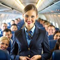 A smiling woman in a blue uniform stands in the middle of a crowded airplane. She is surrounded by passengers, some of whom are smiling back at her. The atmosphere is lively and cheerful photo