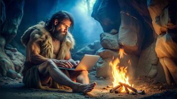 A primitive man in his cave sits in front of a laptop. He types on the keyboard and concentrates on his work. The concept of solitude and concentration. photo