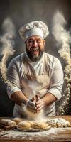 A chef is making bread and smiling. The chef is wearing a white apron and a white hat, and he is surrounded by flour. photo