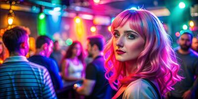 A woman with pink hair stands in a crowded bar where people are dancing and singing. The atmosphere is lively and energetic, with bright lights and colorful decorations. photo
