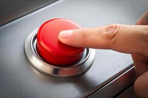 A red button is being pressed by a person's finger. The button is located on a wall and is surrounded by a silver frame. Concept of urgency or importance. photo