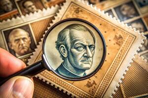 A magnified view of a man's face is shown on a postage stamp. The stamp is surrounded by other stamps, some of which are of different people. Concept of curiosity and intrigue. photo