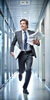 A man in a suit and tie is running with papers in his hands. He looks happy and determined. photo