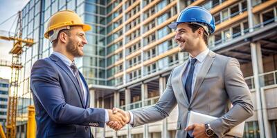 Two men in construction helmets shake hands in front of a building. The scene is professional and friendly. photo