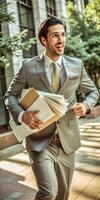 A man in a suit is walking down a sidewalk with a stack of papers in his hand. He is smiling and he is in a good mood. photo
