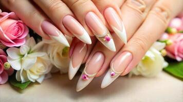 Hands of a woman with long pointed nails and a flower arrangement. Concept of elegance and sophistication. photo