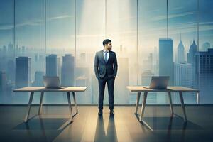 A man in a suit stands in front of two desks with a laptop on each desk. He looks out the window at the city below. Concept of professionalism and focus. photo