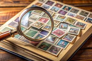 A magnifying glass is on top of a pile of stamps. The stamps are of various colors and designs, and the magnifying glass is being used to examine them closely. photo