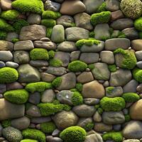 Seamless pattern wall made of stones covered with moss. The wall is made of stone and has a natural, rustic look. photo