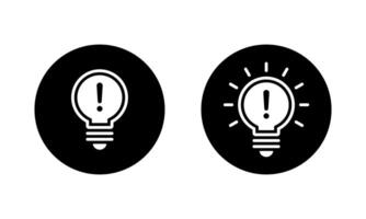 Exclamation mark on light bulb icon on black circle. Warning lamp sign symbol vector