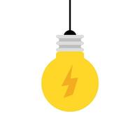 Hanging light bulb with lightning icon in flat style. Lamp with flash concept vector