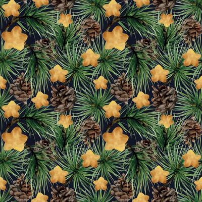 Pine, fir tree, spruce branches cones, gold star baubles. Watercolor hand drawn illustration, seamless pattern isolated on dark. Xmas, happy new year festive, noel navidad holiday. Paper, textile