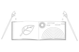 Sketchbook with fun drawings and dripping paint brushes, perfect for back-to-school creative projects and kids coloring activities. vector