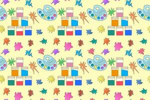 Seamless pattern of vibrant school supplies including paint, brushes, and leaves on a playful background. Ideal for back-to-school themes, educational materials, and creative projects. vector