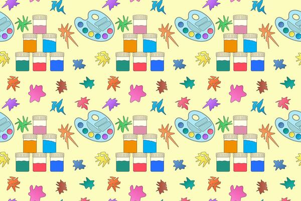 Seamless pattern of vibrant school supplies including paint, brushes, and leaves on a playful background. Ideal for back-to-school themes, educational materials, and creative projects.