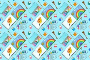 Colorful seamless pattern with sketchbooks, paints, and brushes. Ideal for back-to-school themes, kids creative projects, and educational materials. vector