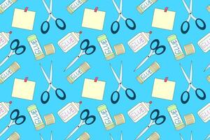Colorful seamless pattern featuring glue, scissors, and sticky notes, perfect for back-to-school themes and educational projects. vector