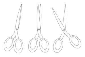 Simple black and white illustration of scissors, perfect for coloring books or back-to-school designs. Includes three different scissors. vector