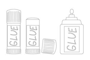 drawing of different types of glue bottles for school use. Perfect for educational and craft-themed projects, back-to-school materials, and coloring books. vector