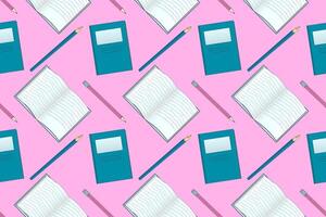 Colorful seamless pattern featuring notebooks, pencils, and pens, perfect for back-to-school themes and educational projects. vector