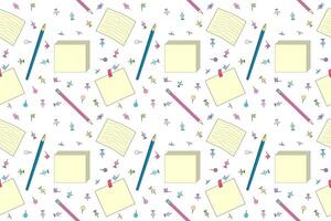 Seamless patterns featuring school supplies like pencils, notes, scissors, and push pins. Perfect for back-to-school designs. vector