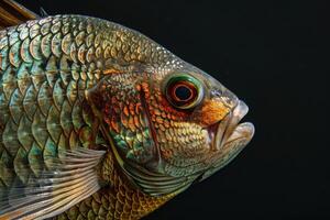 Mystic Portrait of tilapia isolated with black background photo