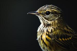 Mystic portrait of Olive-backed Pipit isolated with black background photo