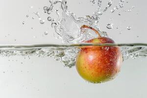 An apple is falling into water with water splashes photo