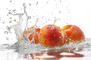 Three peaches are splashing in water photo