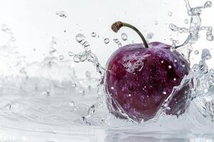 A purple apple is splashing water on a white background photo