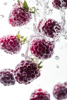 A group of raspberries being splashed with water photo