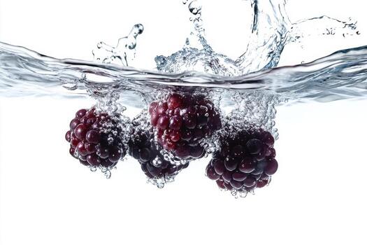Blackberries falling into water on a white background photo