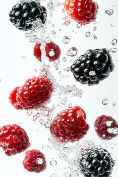 A group of raspberries and blackberries are being splashed in water photo