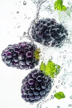 Three blackberries are splashing in water photo