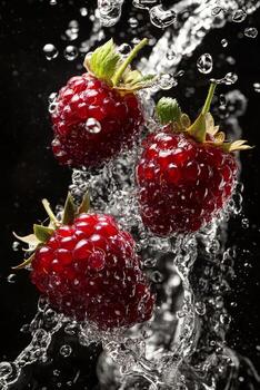 Three raspberries are splashing in water photo