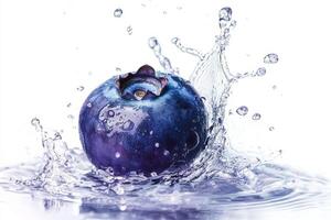 Blueberry splash with water on white background photo