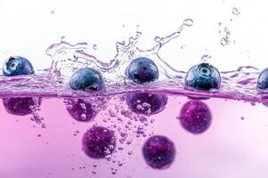Blueberries in water with purple background photo