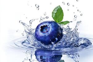 Blueberry splash with water on white background photo