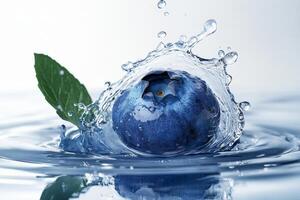 Blueberry splash with water and leaf on white background photo