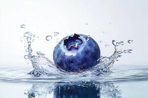 Blueberry splash with water on white background photo