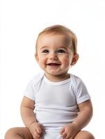 A baby in a white bodysuit smiling photo