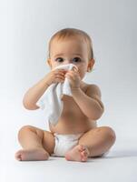 A baby in diapers sitting on a white background photo