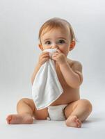 A baby in diapers sitting on the floor with a white cloth photo
