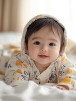 A baby in a yellow and white outfit laying on a bed photo