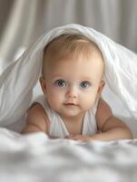 A baby under a blanket on a bed photo