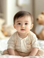 A baby sitting on a bed with a teddy bear photo