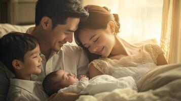 A family of three is smiling while holding their newborn photo