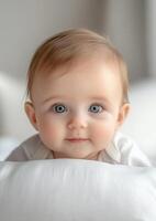 A baby with blue eyes is looking at the camera photo