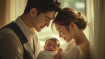 A man and woman holding their baby in front of a window photo