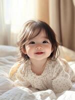 A baby girl laying on a bed smiling photo